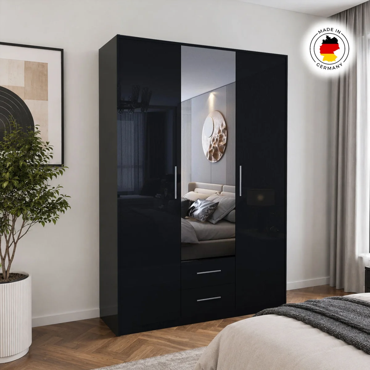 Swindon Gloss Black 3 Door 120cm Wardrobe with Mirror - Black – image 5