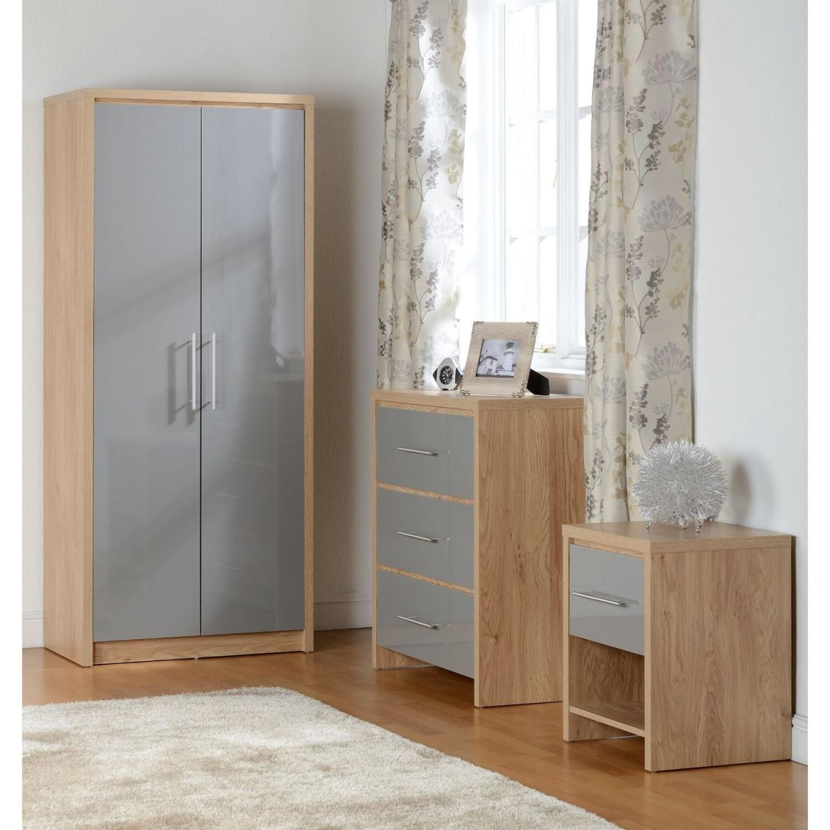 Seville 2 Door Wardrobe - Grey High Gloss, Light Oak Effect Veneer – image 5