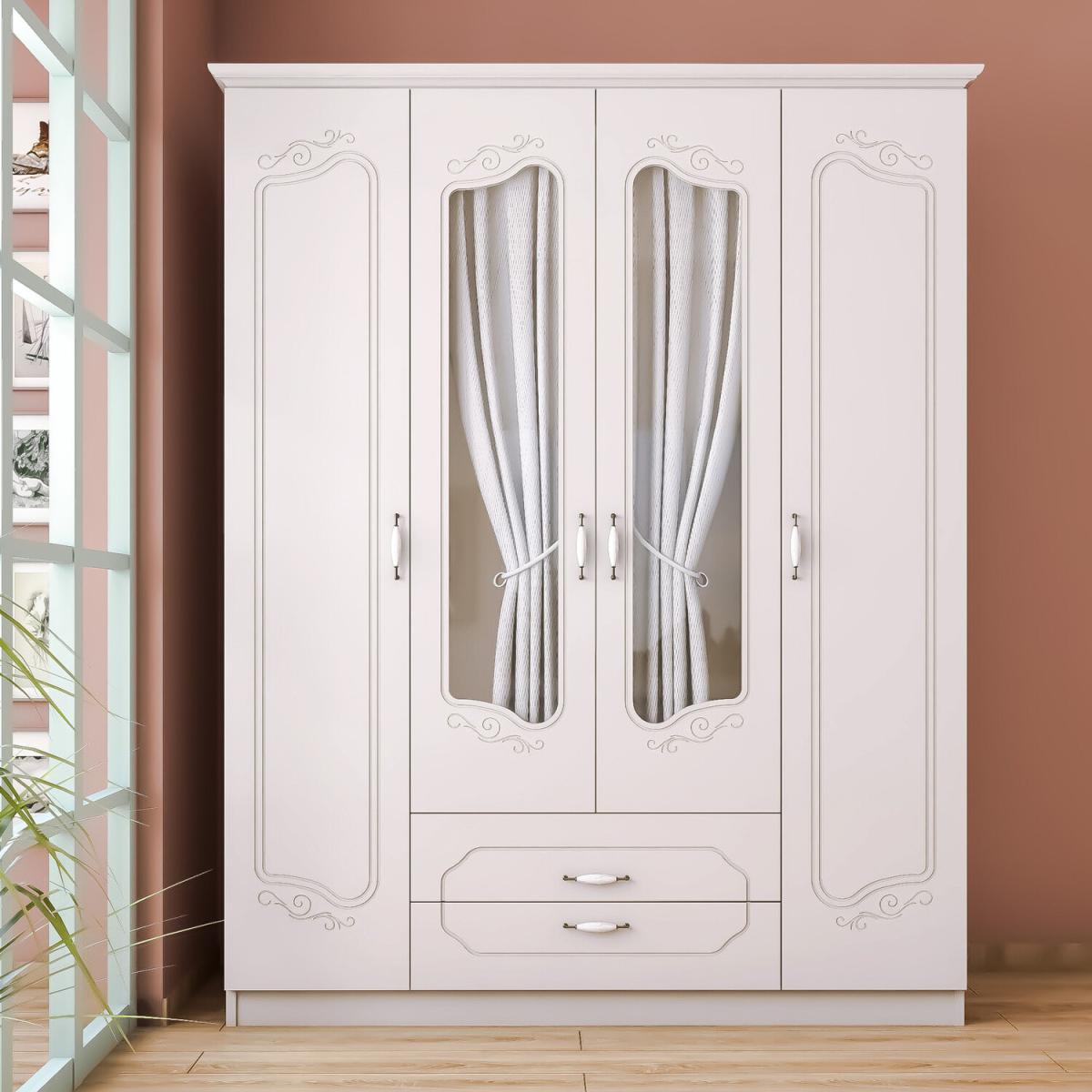 ELODIE 4 Door 2 Drawer Mirrored Wardrobe, White - White – image 2