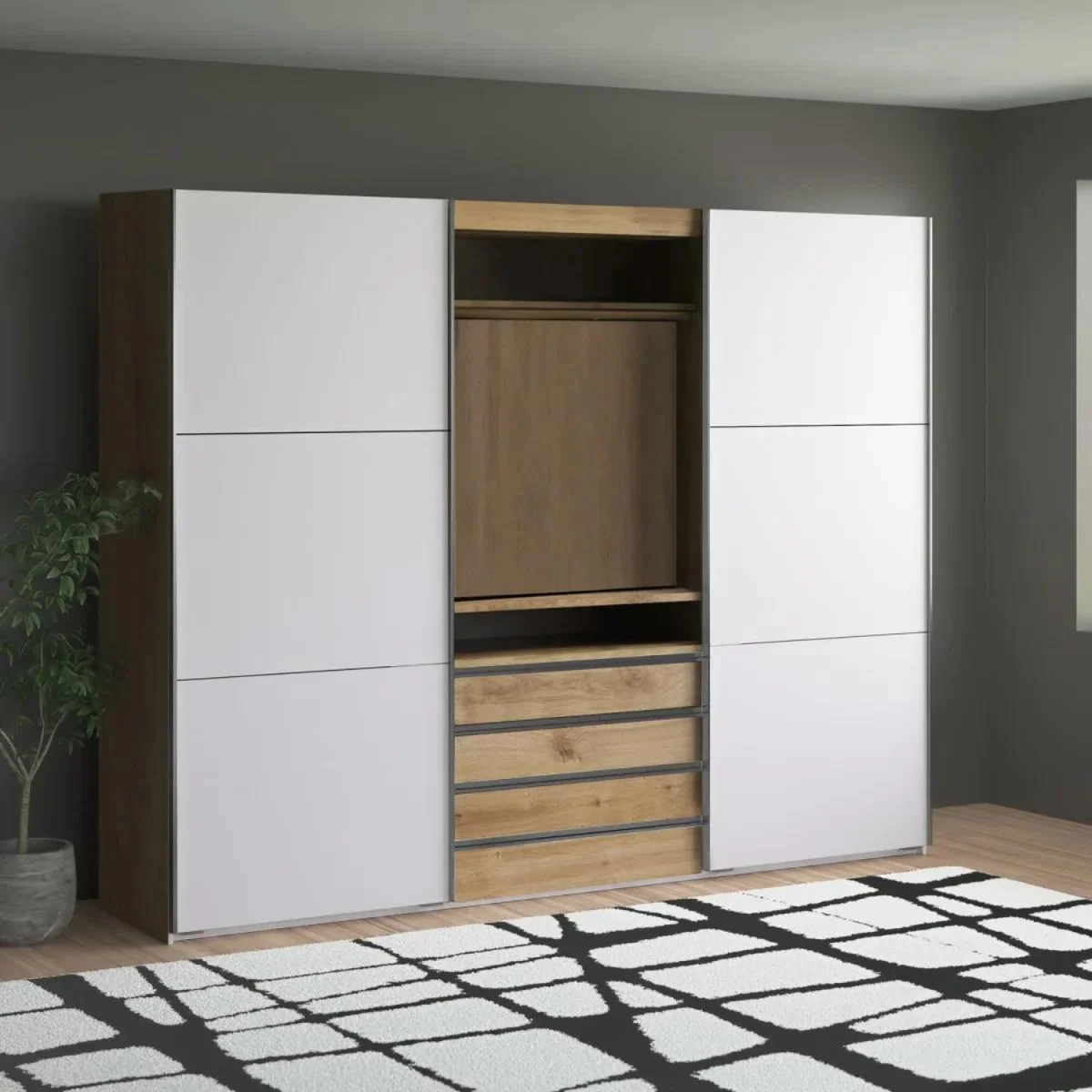Magicglass 300cm Sliding Wardrobe in White and Planked Oak - White – image 2