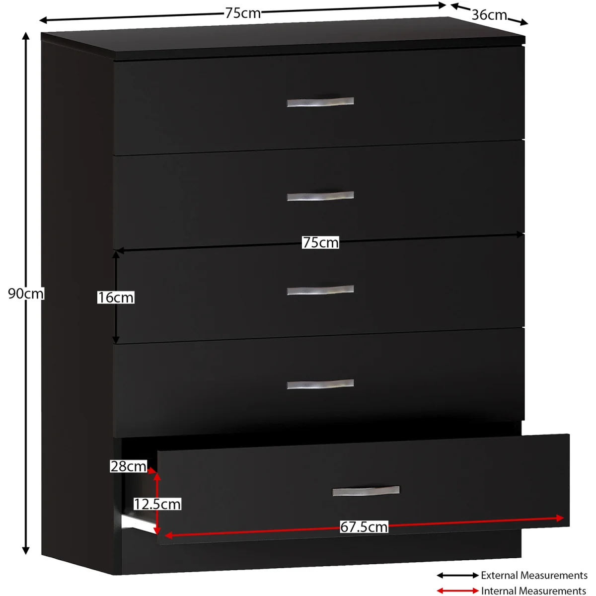 Vida Designs Riano 3 Piece Bedroom Set (2 Drawer Bedside Chest, 5 Drawer Chest, 2 Door Wardrobe) - Black / 2 Drawer Bedside Chest, 5 Drawer Chest, 2 D – image 17