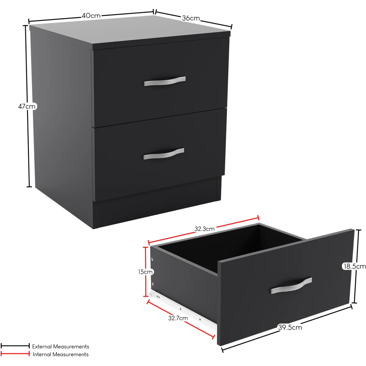 Vida Designs Riano 3 Piece Bedroom Set (2 Drawer Bedside Chest, 5 Drawer Chest, 2 Door Wardrobe) - Black / 2 Drawer Bedside Chest, 5 Drawer Chest, 2 D – image 18