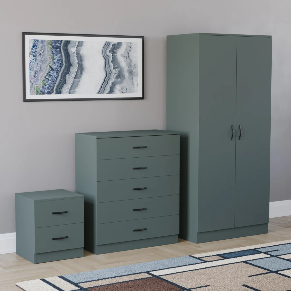 Vida Designs Riano 3 Piece Bedroom Set (2 Drawer Bedside Chest, 5 Drawer Chest, 2 Door Wardrobe) - Black / 2 Drawer Bedside Chest, 5 Drawer Chest, 2 D – image 5