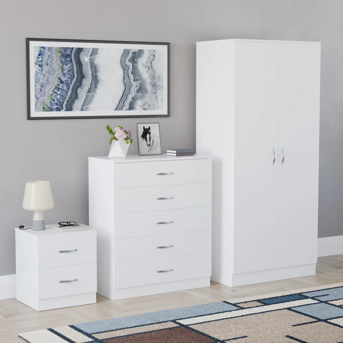 Vida Designs Riano 3 Piece Bedroom Set (2 Drawer Bedside Chest, 5 Drawer Chest, 2 Door Wardrobe) - Black / 2 Drawer Bedside Chest, 5 Drawer Chest, 2 D – image 6