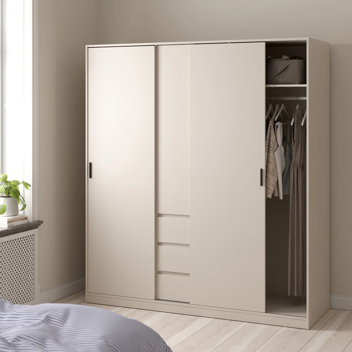 Naia Wardrobe with 2 sliding Doors 1 Door 3 Drawers in Cashmere - Cashmere – image 2