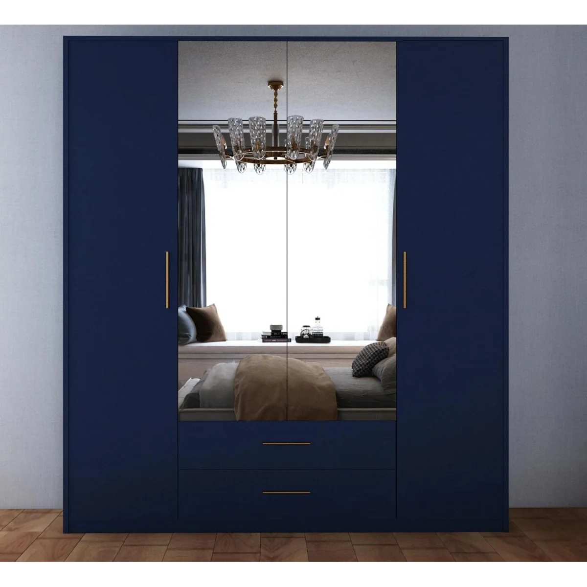 Swindon Dark Blue 4 Door 180cm Wardrobe with Mirror and 2 Drawers - Blue – image 2