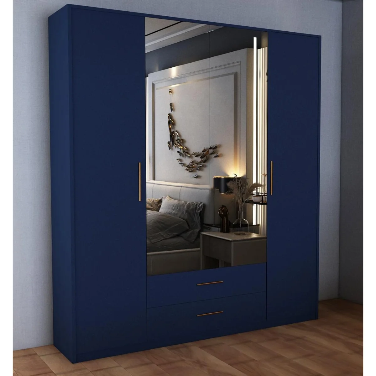 Swindon Dark Blue 4 Door 180cm Wardrobe with Mirror and 2 Drawers - Blue – image 3