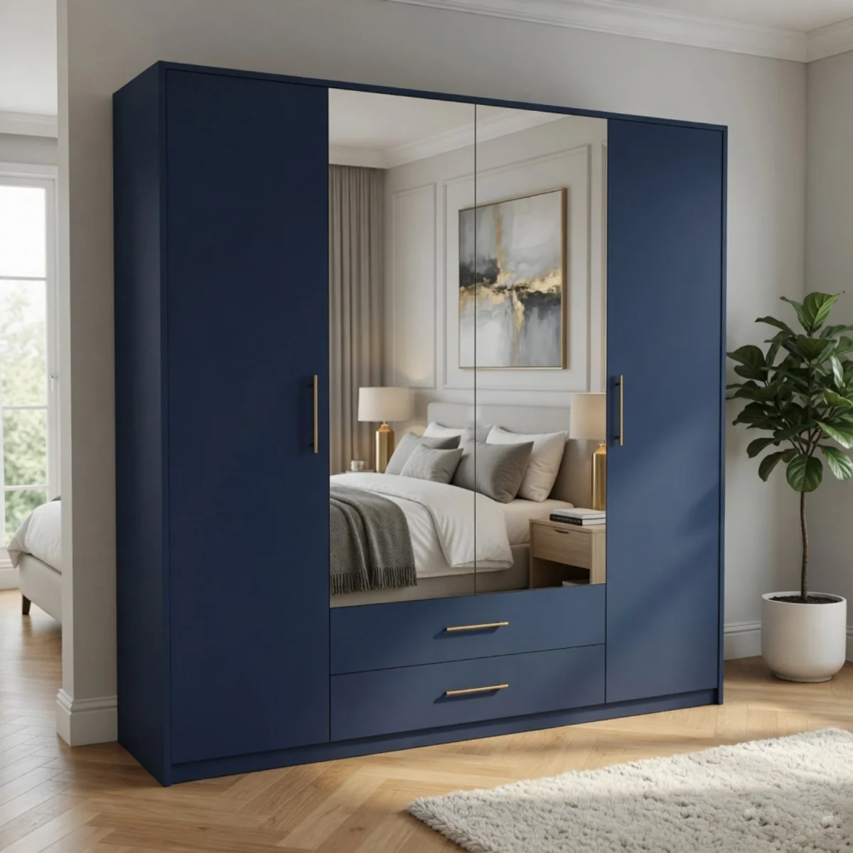 Swindon Dark Blue 4 Door 180cm Wardrobe with Mirror and 2 Drawers - Blue – image 1