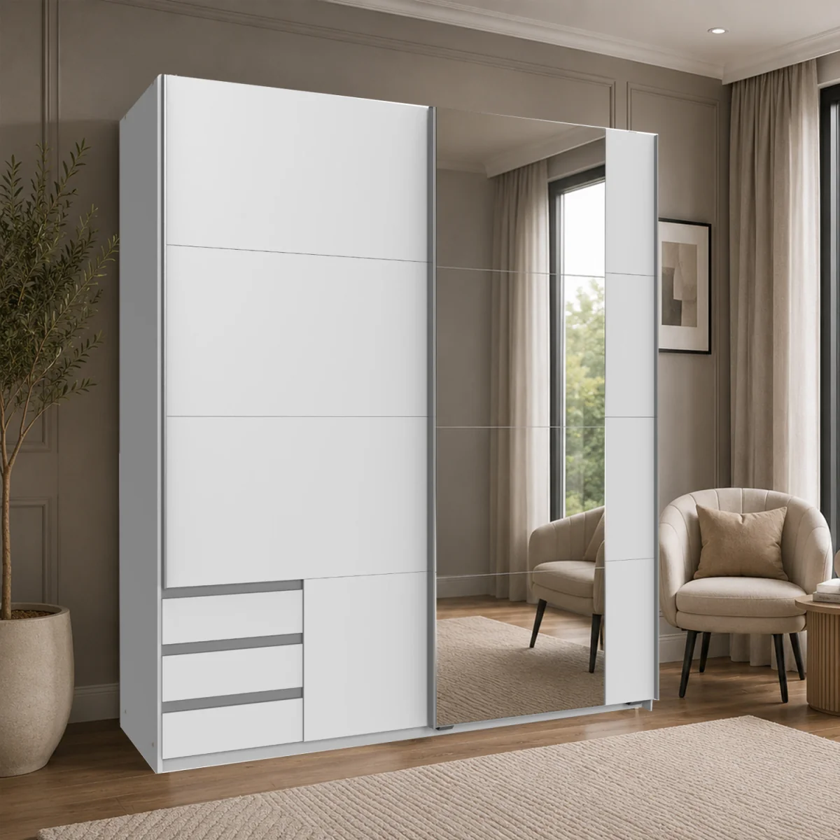 Emden 179cm 2 Door Mirrored Sliding Wardrobe in Matt White - White – image 1