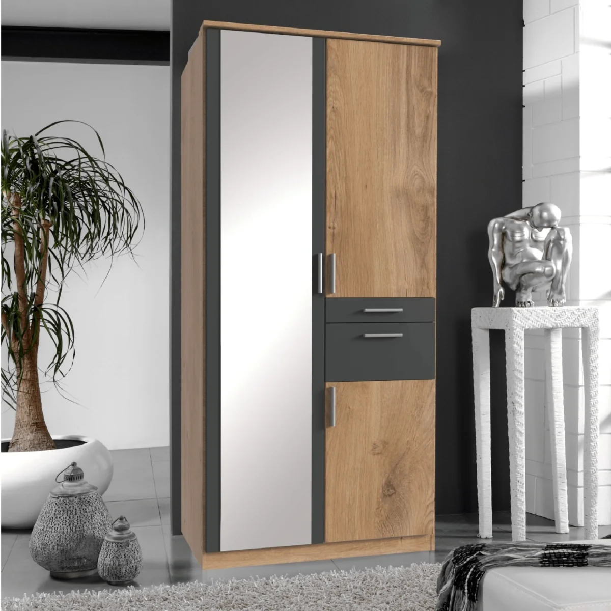 Koblenz Planked Oak and Graphite 2 Door 90cm Wardrobe with Mirror - Oak – image 3