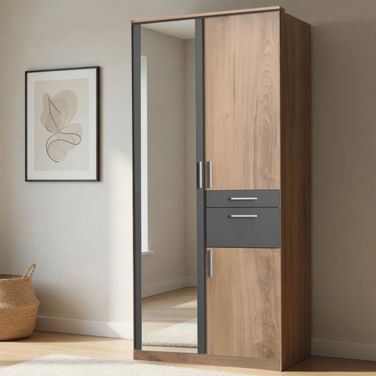 Koblenz Planked Oak and Graphite 2 Door 90cm Wardrobe with Mirror - Oak – image 1