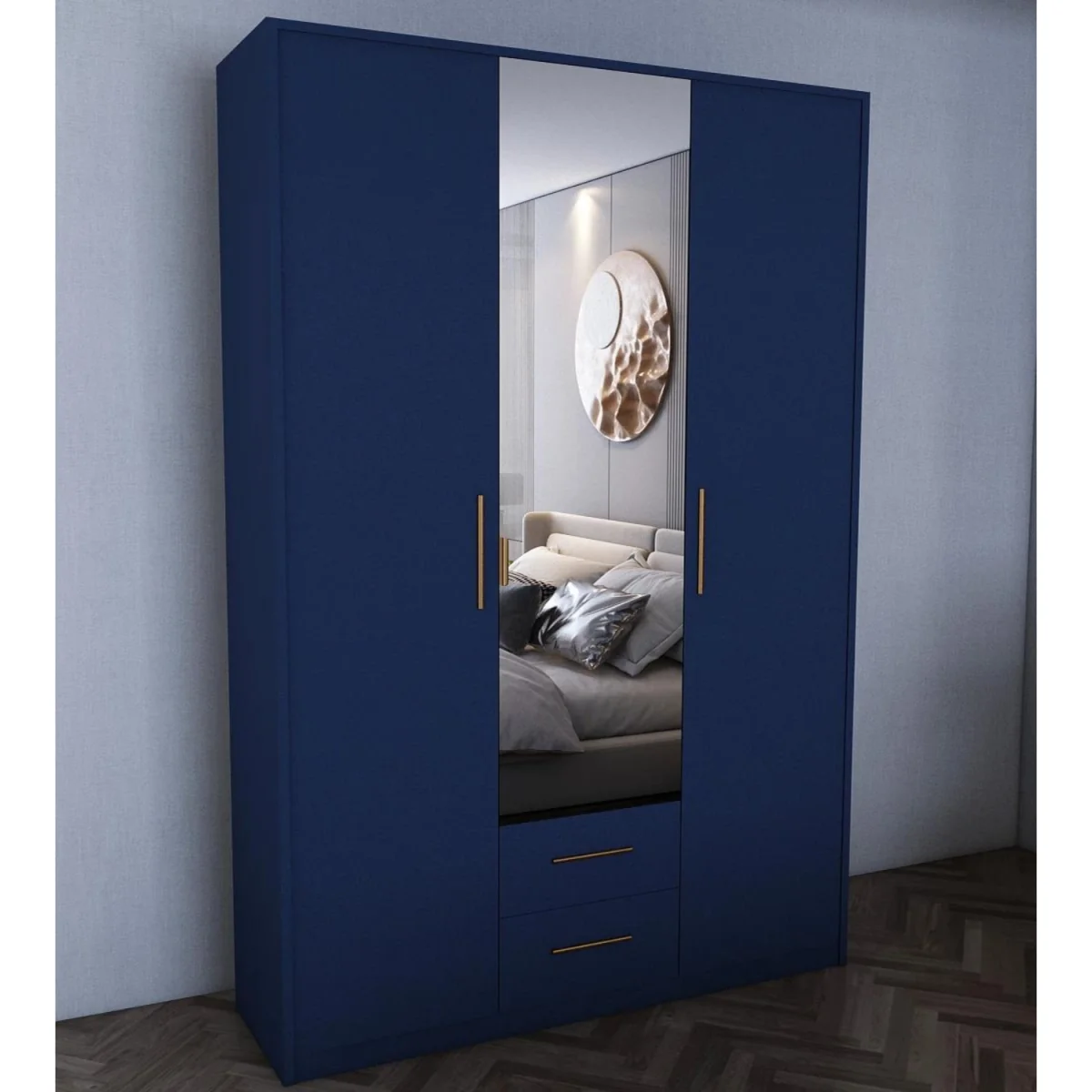 Swindon Dark Blue 3 Door 135cm Wardrobe with Mirror - Blue – image 2