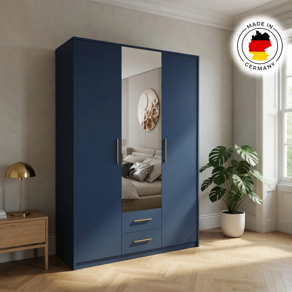 Swindon Dark Blue 3 Door 135cm Wardrobe with Mirror - Blue – image 5