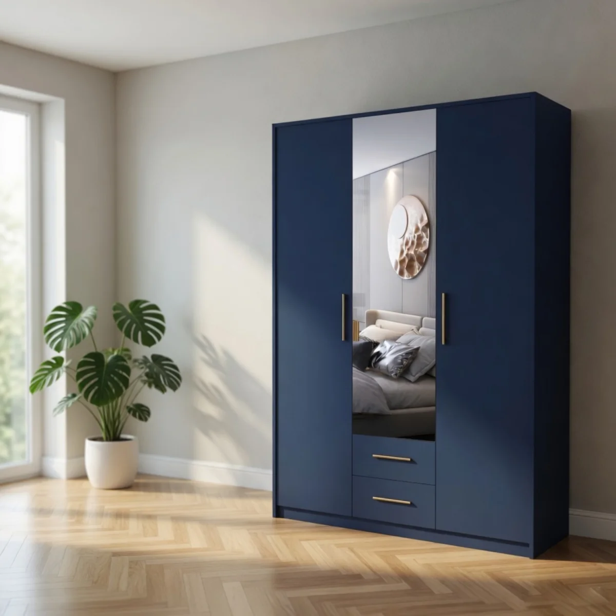 Swindon Dark Blue 3 Door 135cm Wardrobe with Mirror - Blue – image 1