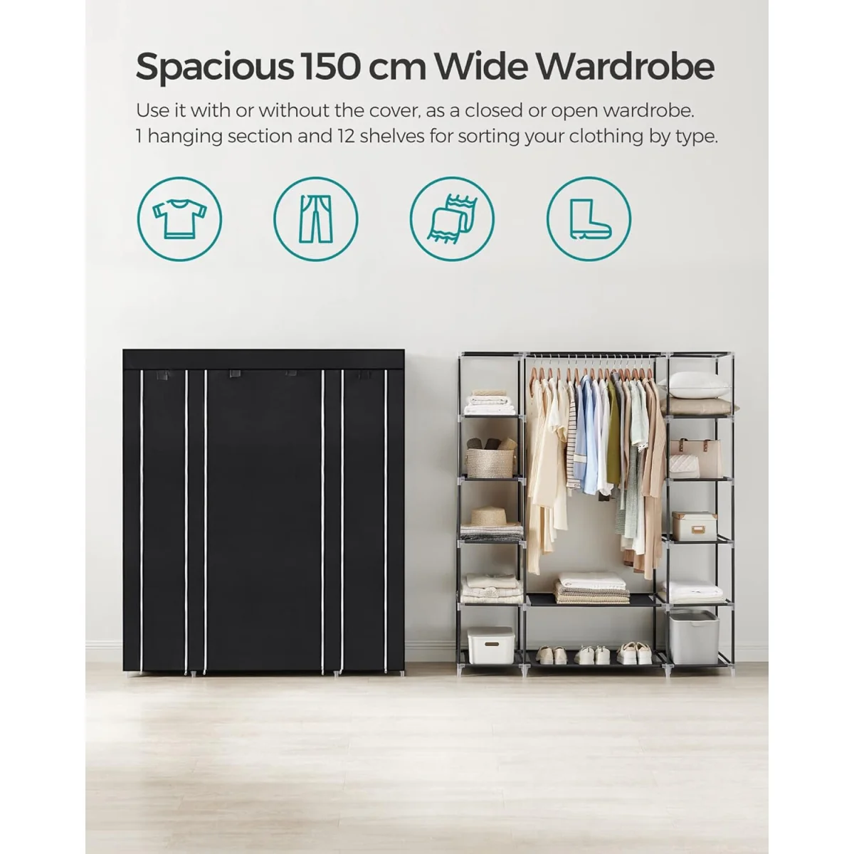 Portable Fabric Wardrobe with Metal Frame and Clothes Storage Sections, Black - Black – image 2