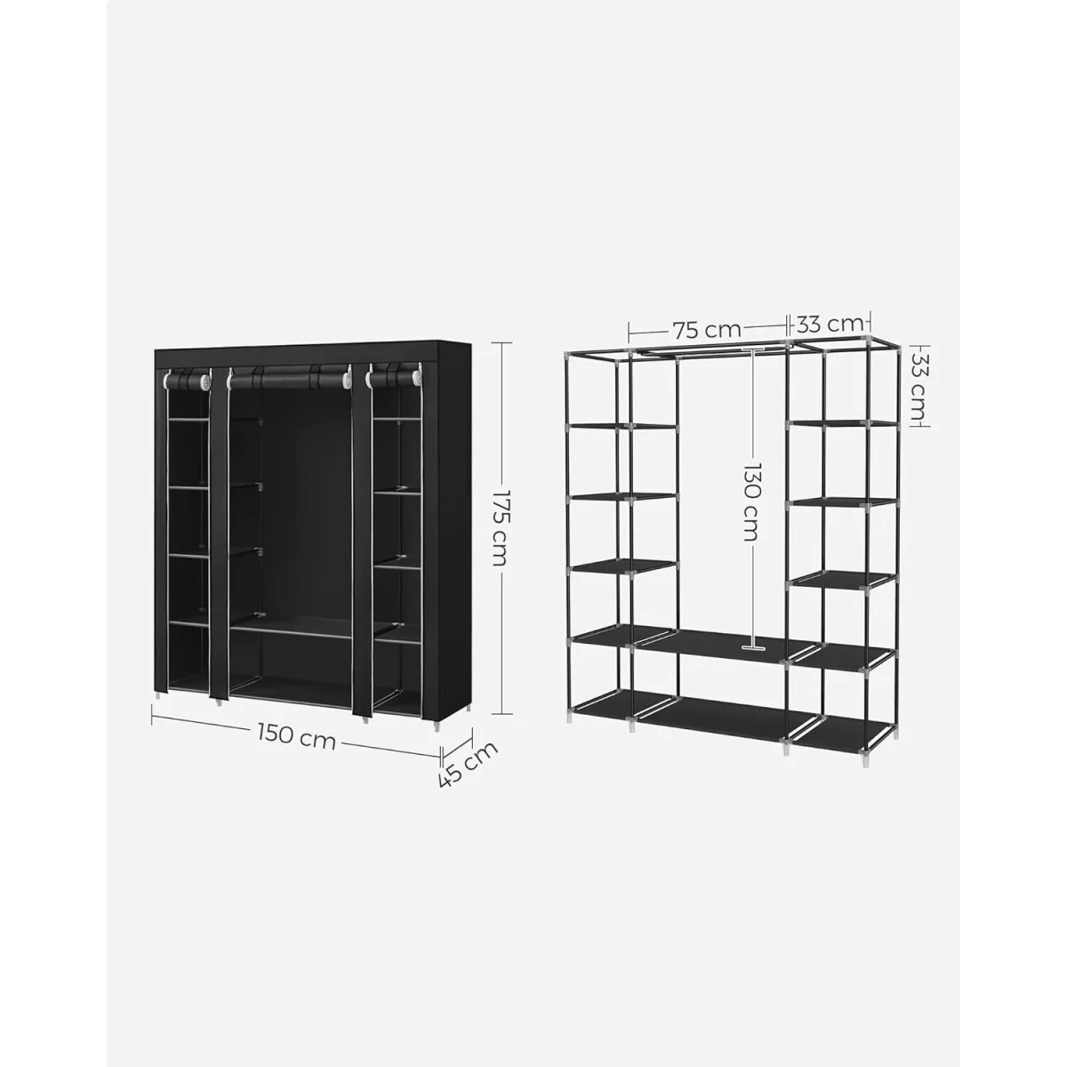 Portable Fabric Wardrobe with Metal Frame and Clothes Storage Sections, Black - Black – image 3