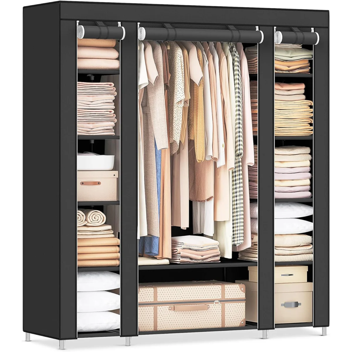 Portable Fabric Wardrobe with Metal Frame and Clothes Storage Sections, Black - Black – image 4