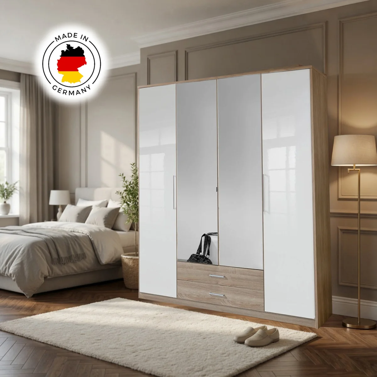 Gamma Oak and White 4 Door 180cm Wardrobe - Oak – image 4
