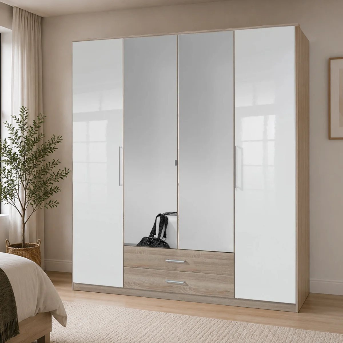 Gamma Oak and White 4 Door 180cm Wardrobe - Oak – image 1