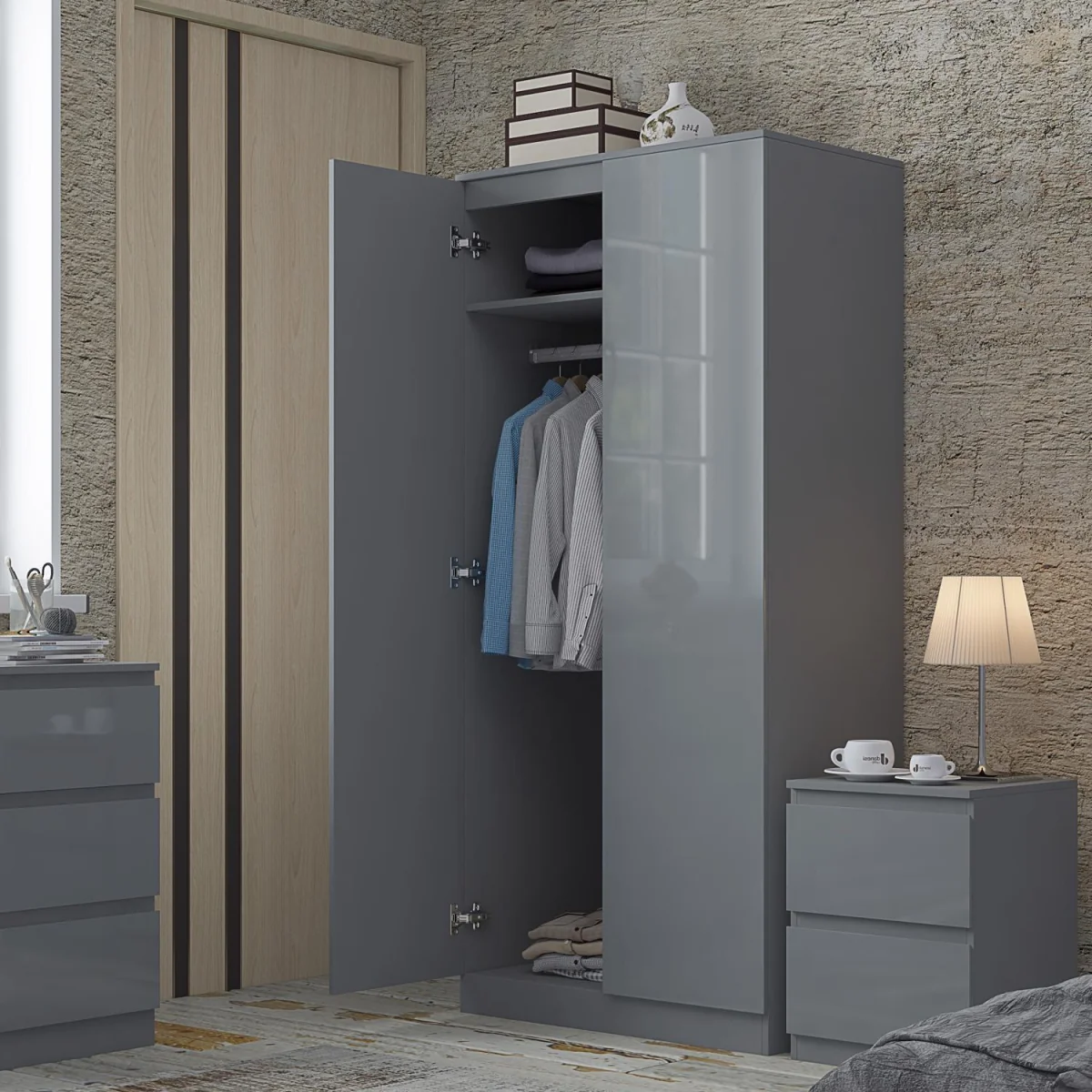 FWStyle Grey Gloss 2 Door Wardrobe Push to Open Bedroom Scandinavian - Grey Gloss – image 2