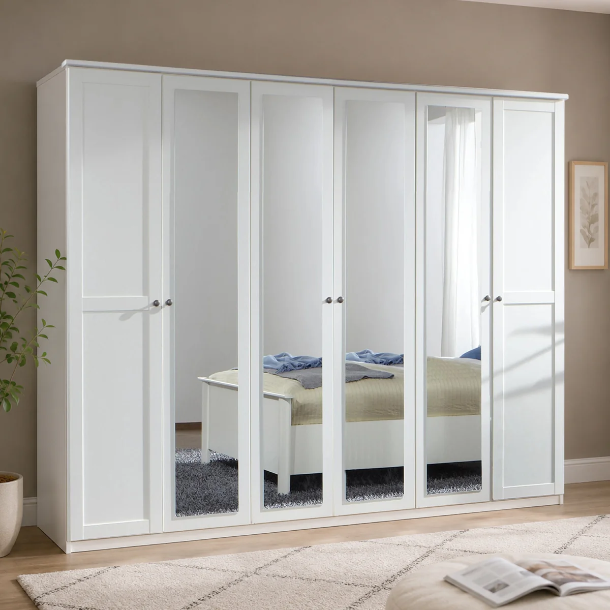Chalet Matt White 6 Door 270cm Wardrobe with Mirror - White – image 1