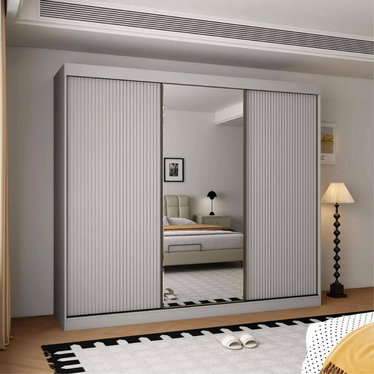 Berlin 250cm Grey Sliding Door Wardrobe with Mirror and Ribbed Panel - Grey – image 3