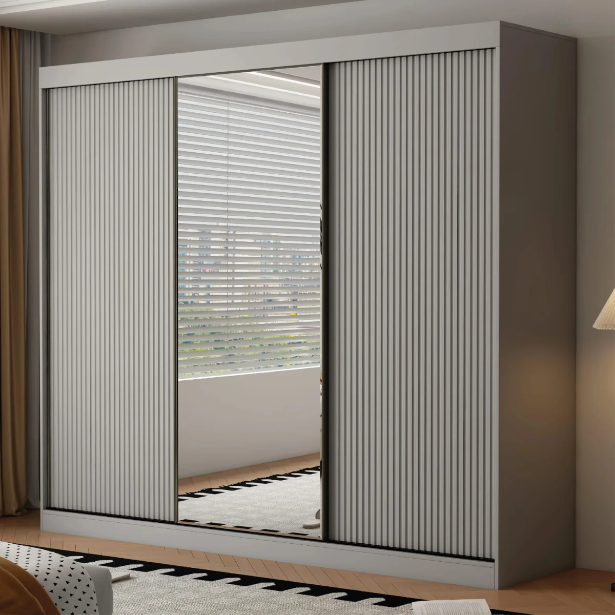 Berlin 250cm Grey Sliding Door Wardrobe with Mirror and Ribbed Panel - Grey – image 4