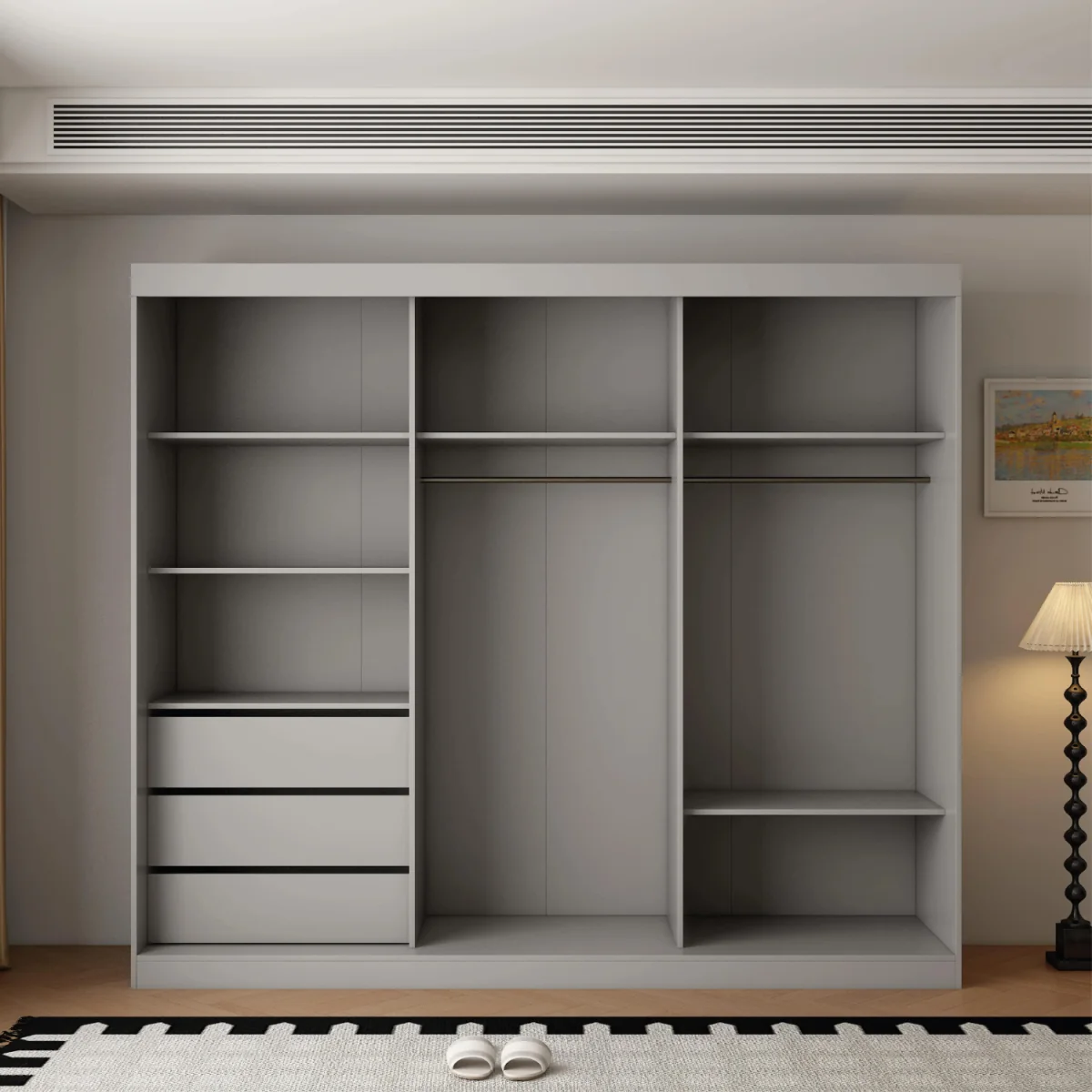 Berlin 250cm Grey Sliding Door Wardrobe with Mirror and Ribbed Panel - Grey – image 5
