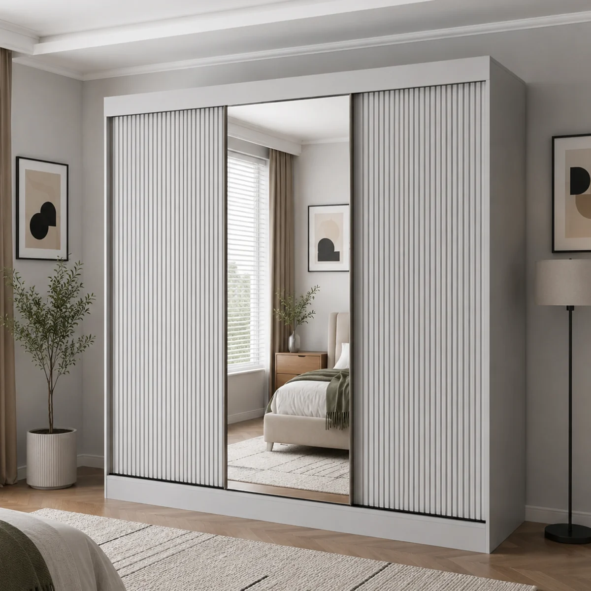 Berlin 250cm Grey Sliding Door Wardrobe with Mirror and Ribbed Panel - Grey – image 1