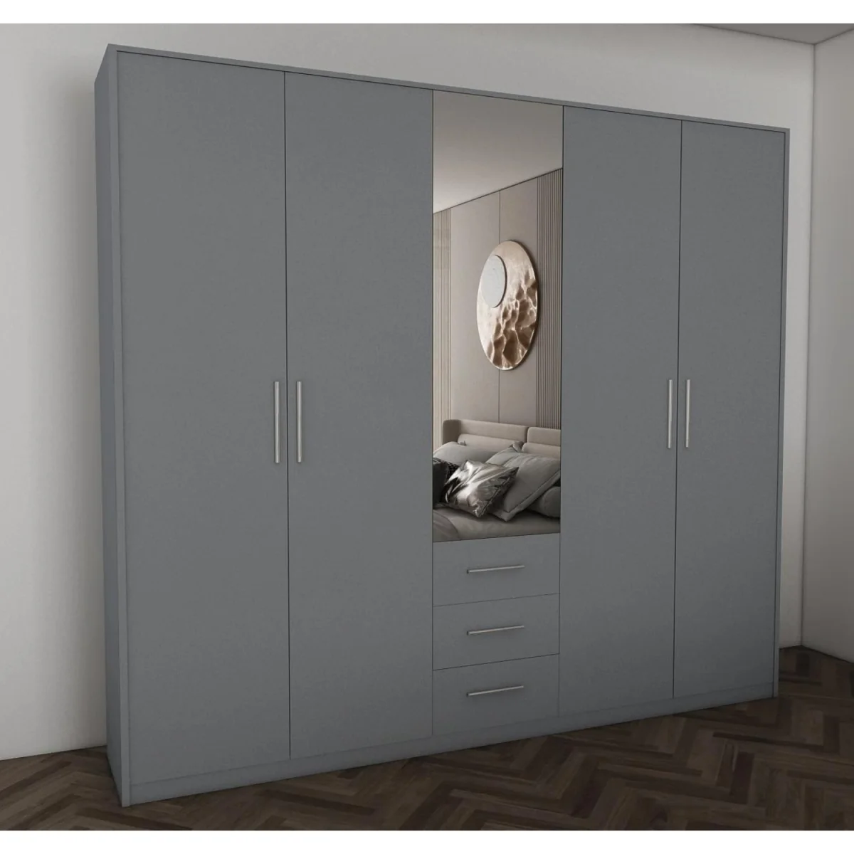 Swindon Medium Grey 5 Door 200cm Wardrobe with Mirror and 3 Drawers - Grey – image 2
