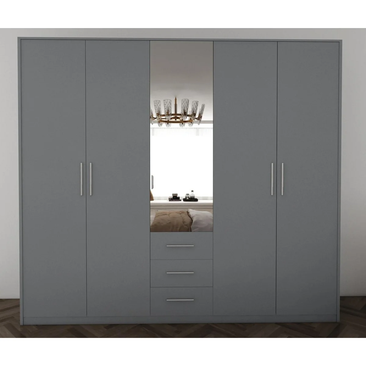 Swindon Medium Grey 5 Door 200cm Wardrobe with Mirror and 3 Drawers - Grey – image 3