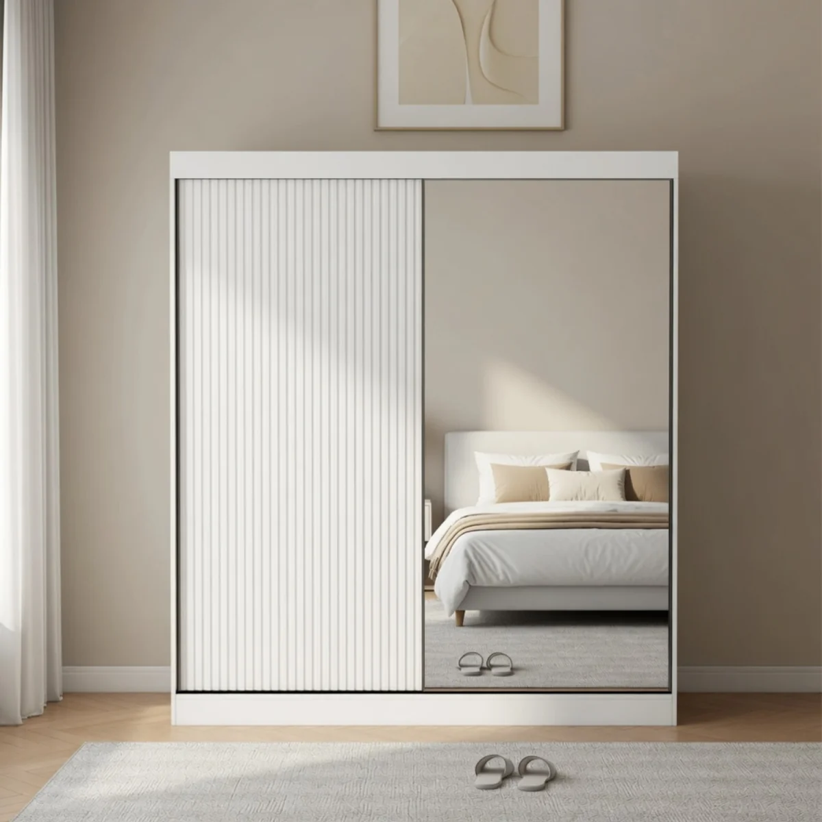 Berlin 200cm White Sliding Door Wardrobe with Shelves and Hanging Rail - White – image 2