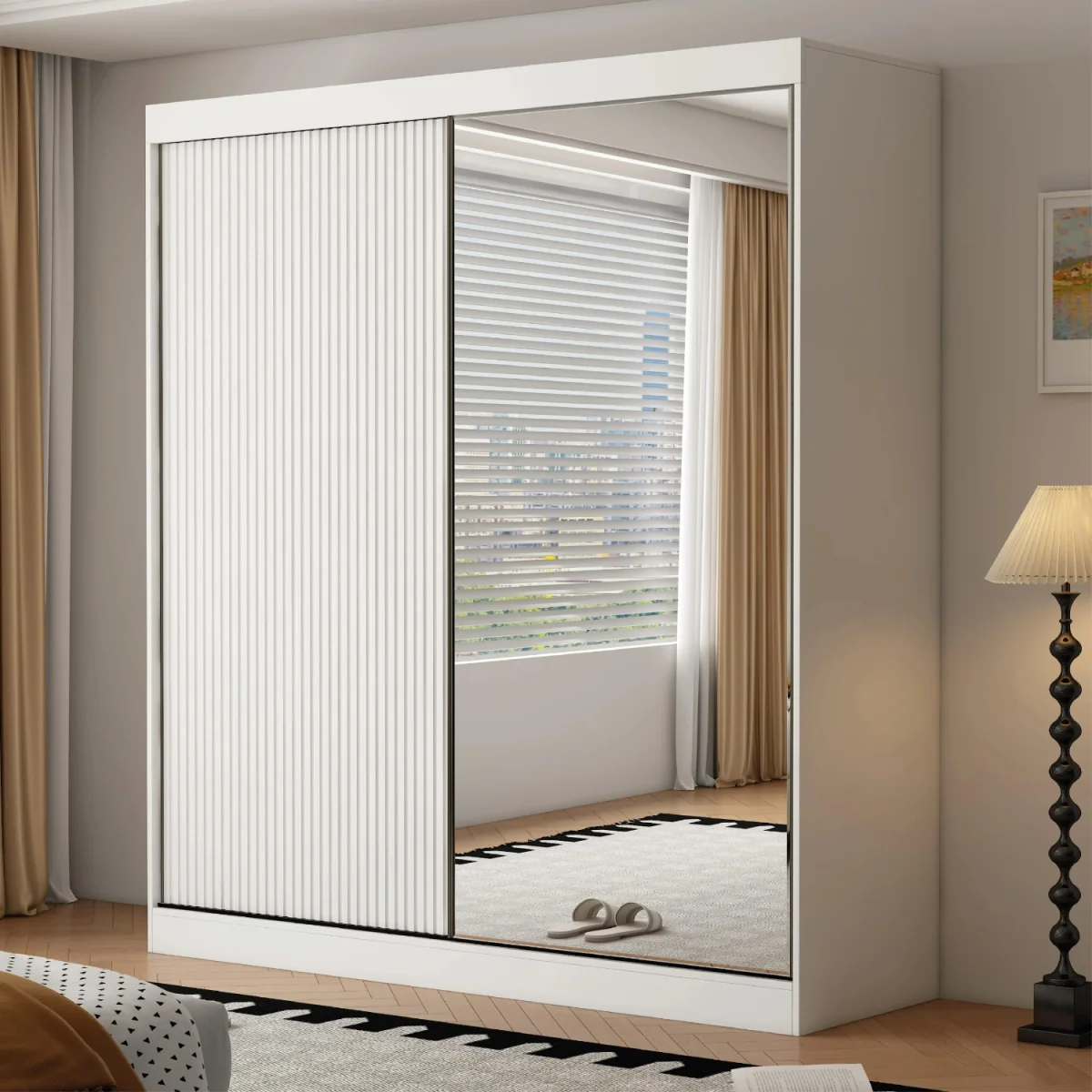 Berlin 200cm White Sliding Door Wardrobe with Shelves and Hanging Rail - White – image 7