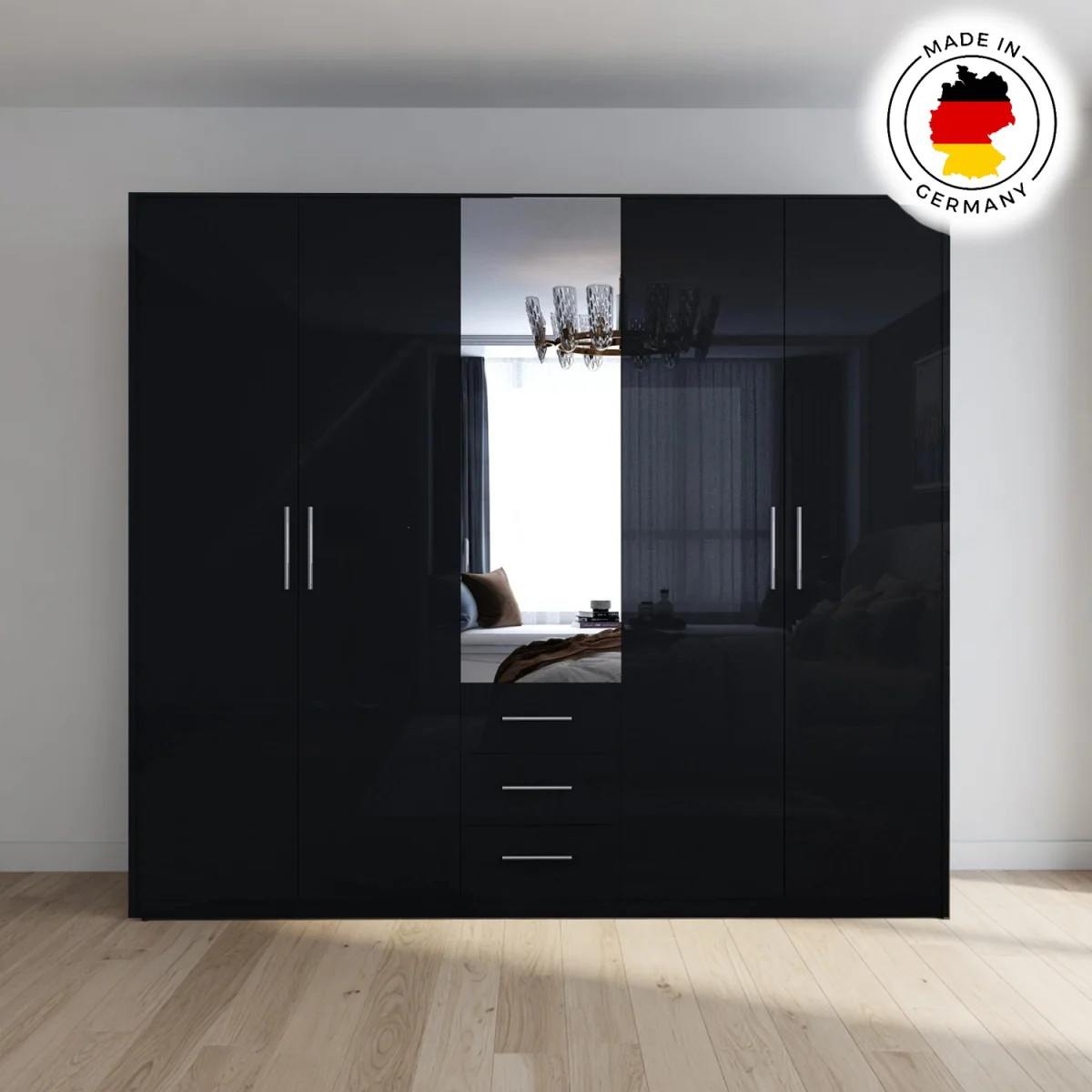Swindon Gloss Black 5 Door 200cm Wardrobe with Mirror and Drawers - Black – image 2