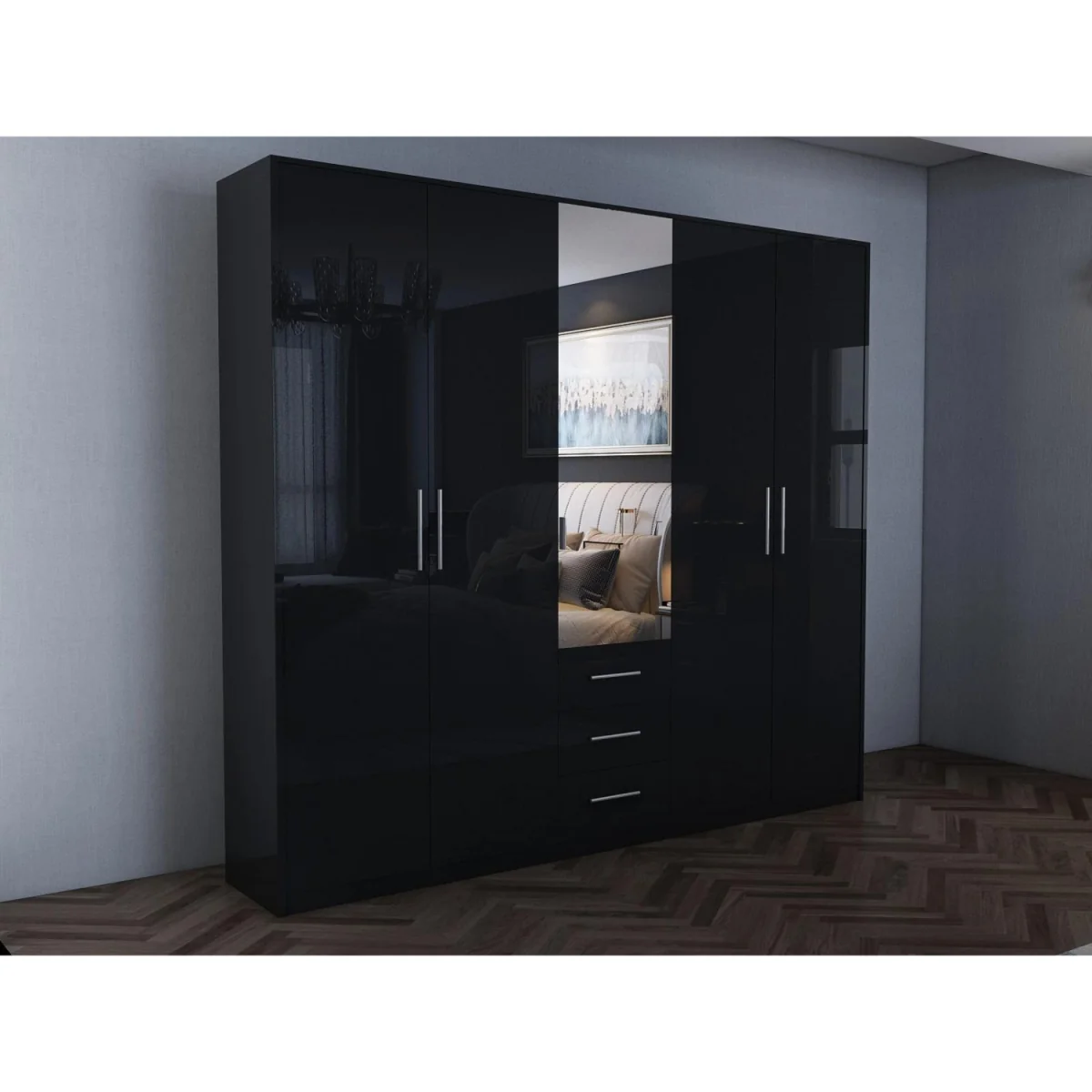 Swindon Gloss Black 5 Door 200cm Wardrobe with Mirror and Drawers - Black – image 3