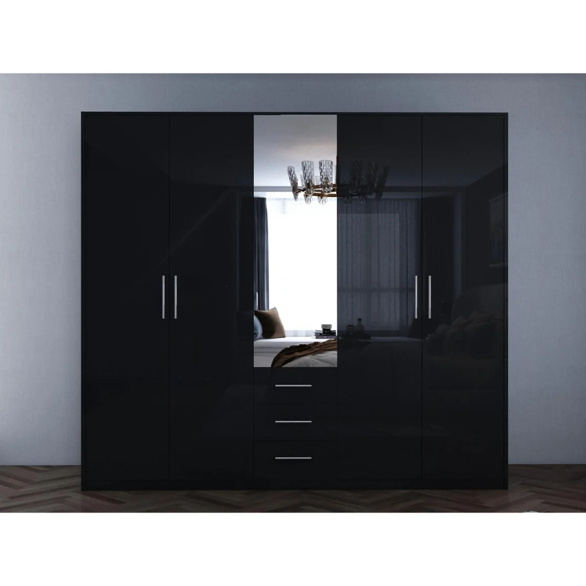 Swindon Gloss Black 5 Door 200cm Wardrobe with Mirror and Drawers - Black – image 4