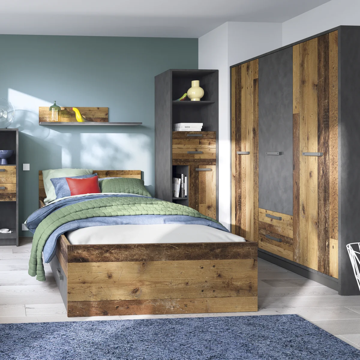 Brooklyn 3 Door Wardrobe with 2 Drawers in Walnut and Dark Matera Grey - Walnut & Dark Matera Grey – image 4