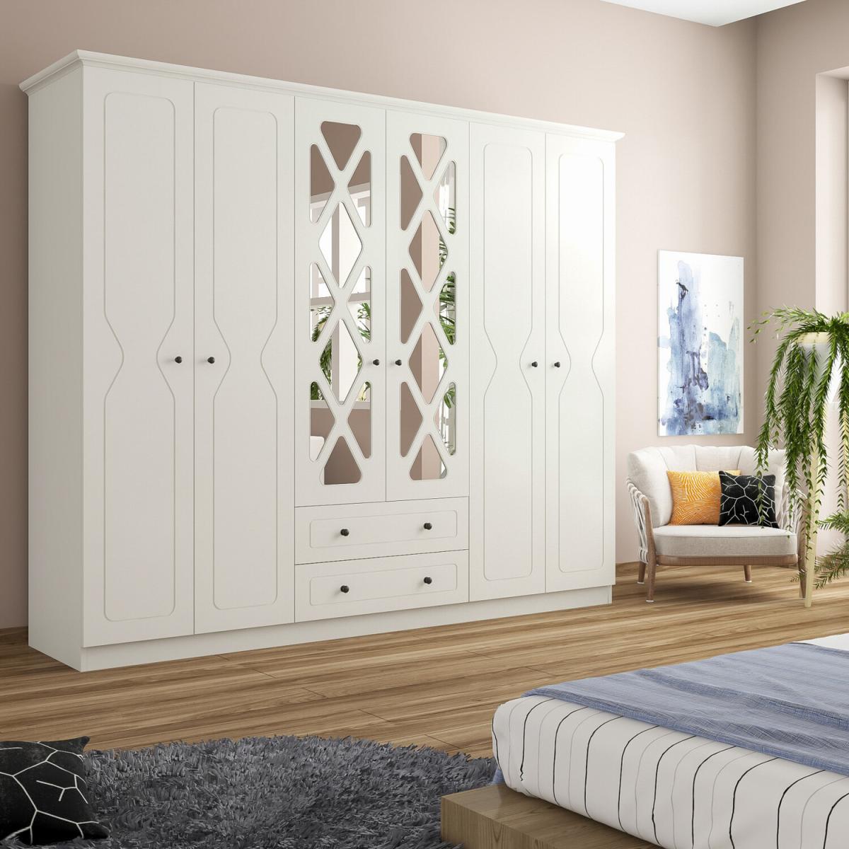 SIENA 6 Door 2 Drawer Mirrored Wardrobe, White - White – image 2