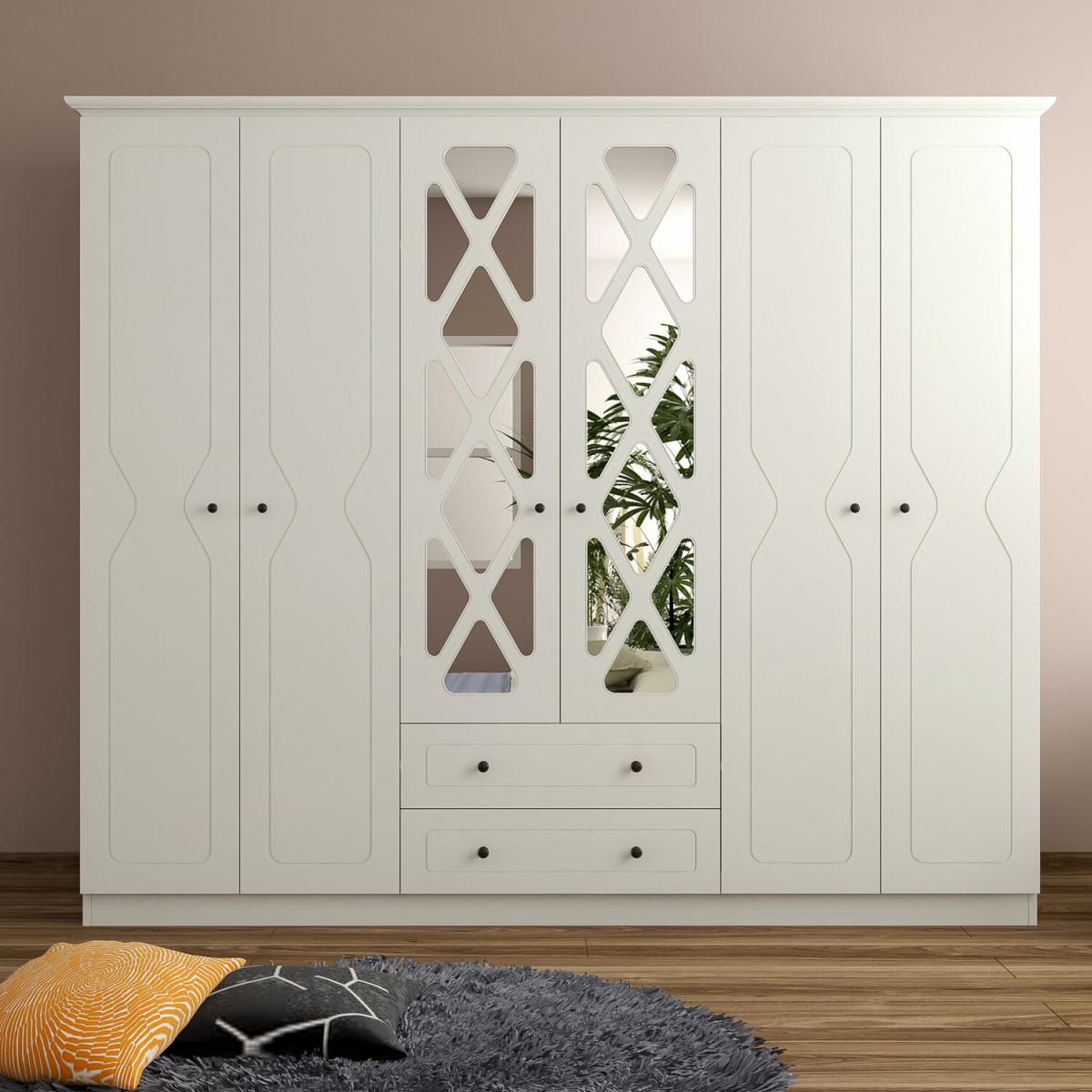 SIENA 6 Door 2 Drawer Mirrored Wardrobe, White - White – image 3