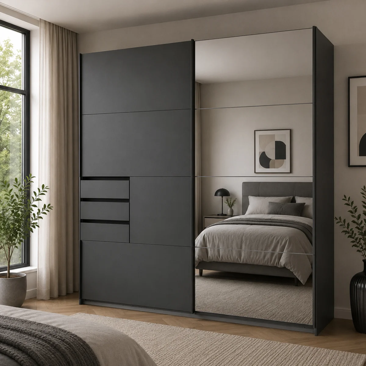 Saigon 225cm Graphite Sliding Doors Wardrobe with Mirrored - Grey – image 1