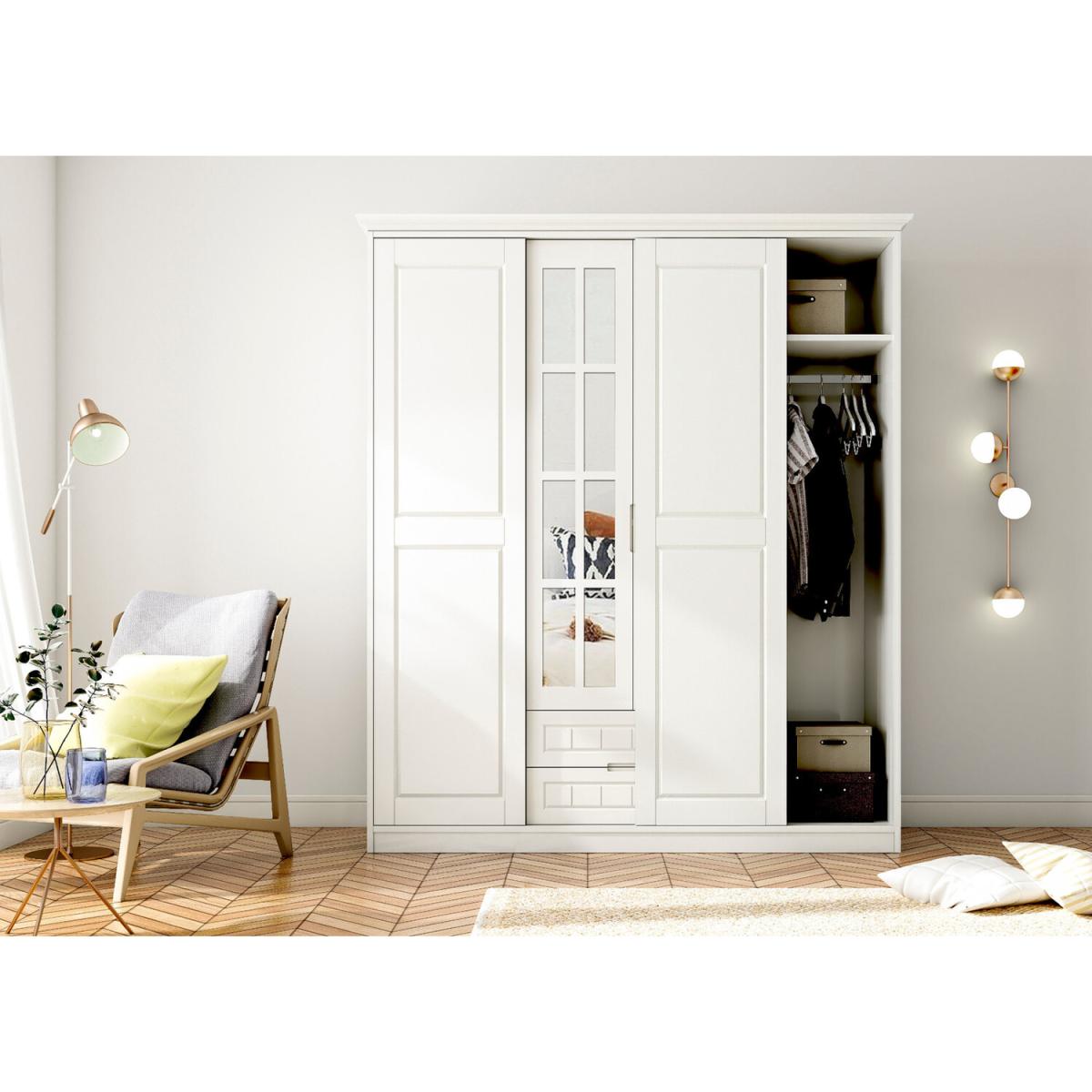 LEAF 160 cm Sliding Door, Mirrored Wardrobe - White – image 3