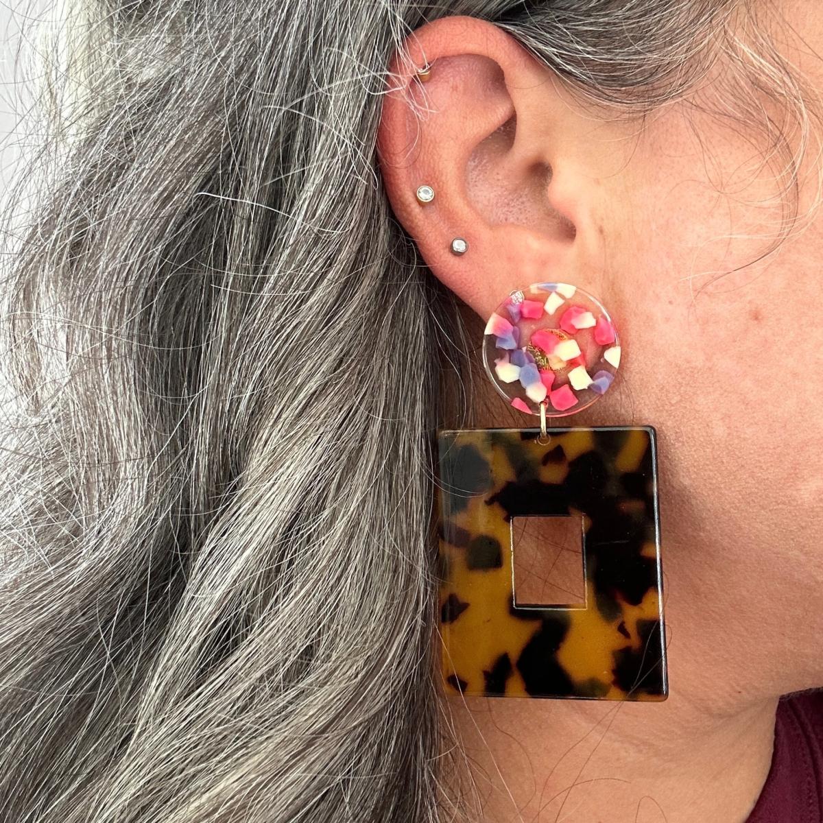 Women's Black / Brown / Pink Open Square Drop Earrings In Tortoise & Confetti | Closet Rehab – image 2