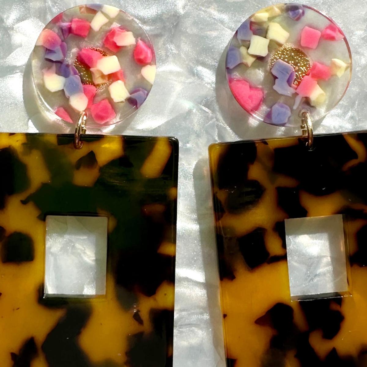 Women's Black / Brown / Pink Open Square Drop Earrings In Tortoise & Confetti | Closet Rehab – image 3