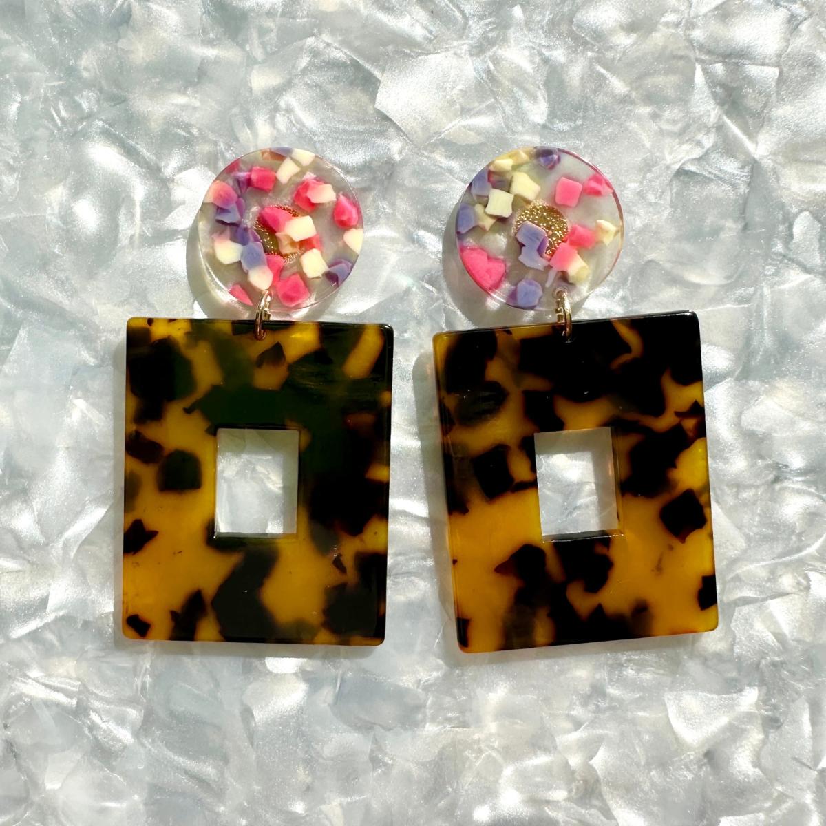 Women's Black / Brown / Pink Open Square Drop Earrings In Tortoise & Confetti | Closet Rehab – image 4