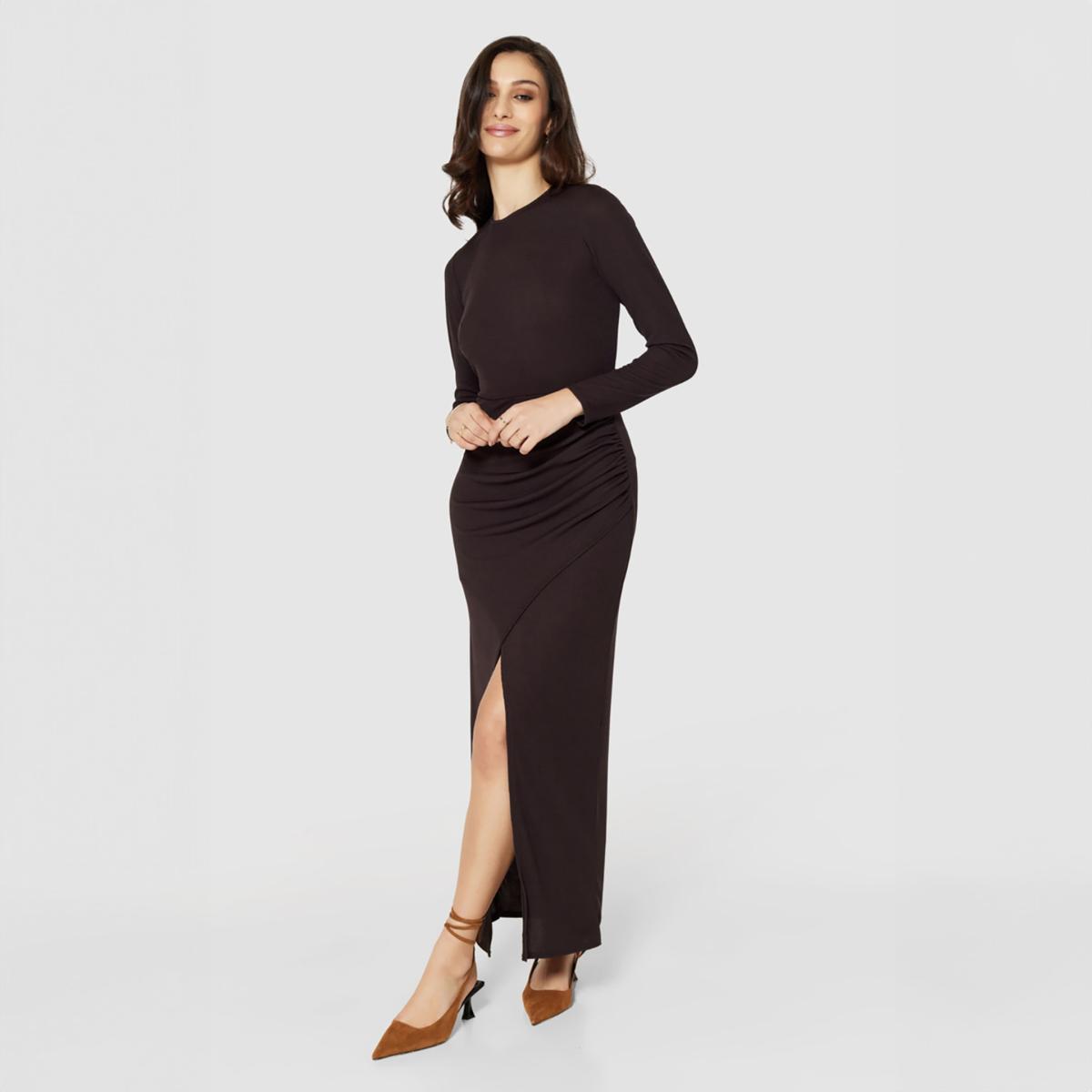 Women's Closet London Chocolate Brown Draped Pencil Dress | M – image 2