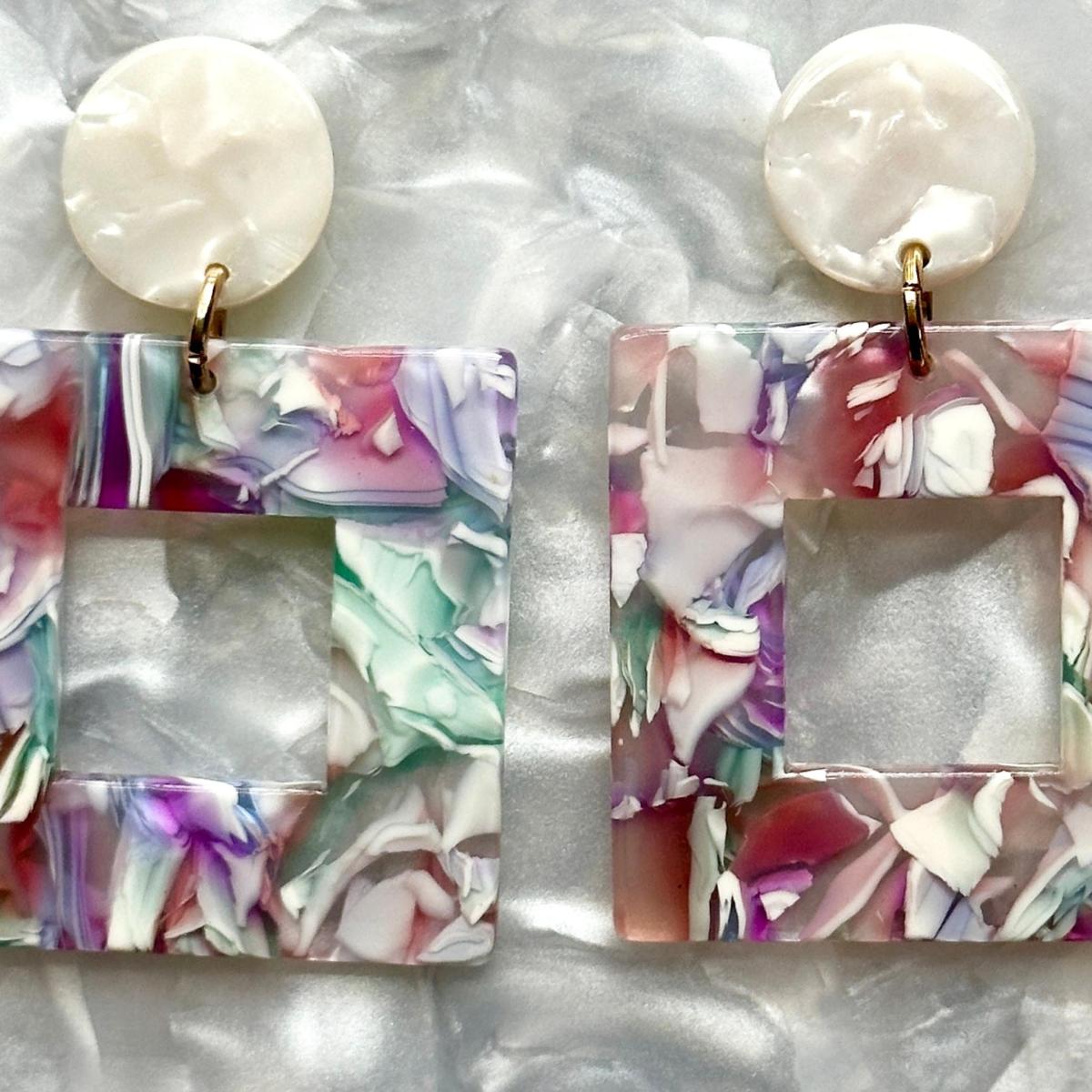 Women's Pink / Purple / White Small Open Square Drop Earrings In Pastel Me More | Closet Rehab – image 3