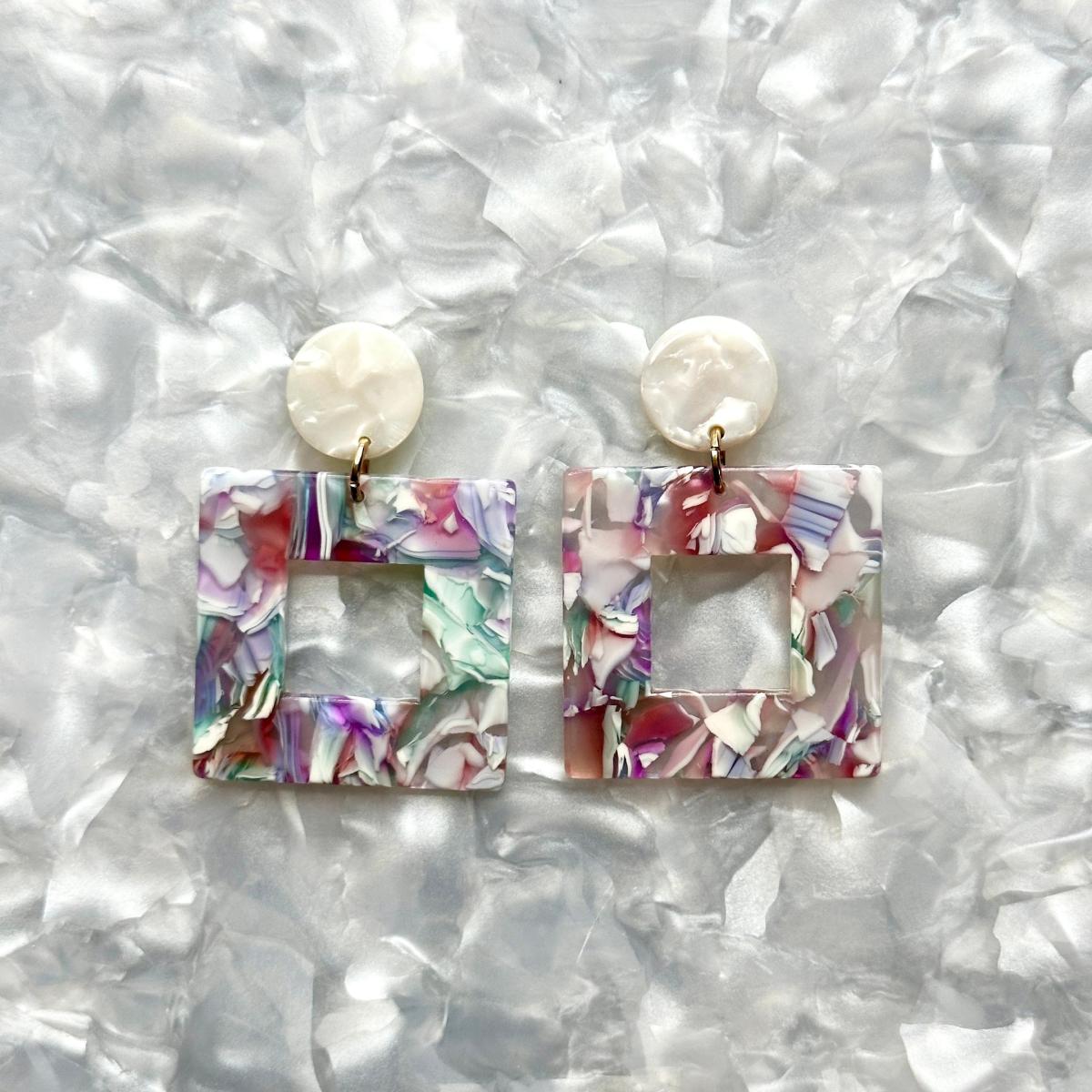 Women's Pink / Purple / White Small Open Square Drop Earrings In Pastel Me More | Closet Rehab – image 4