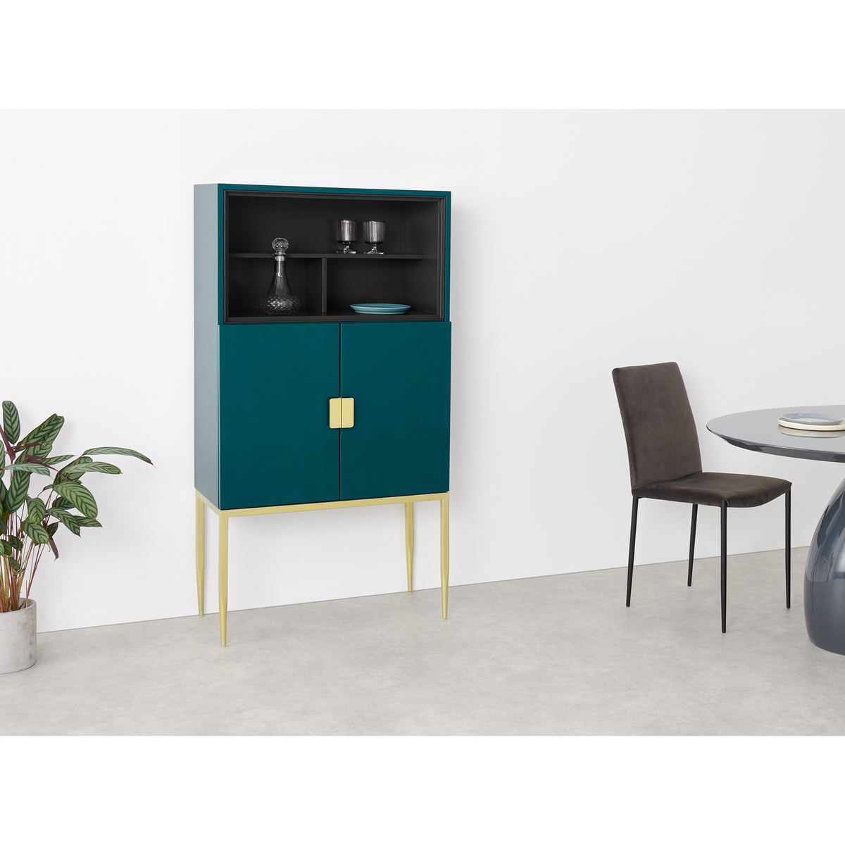 Imma Tall Drinks Cabinet, High Gloss Teal and Brass – image 3