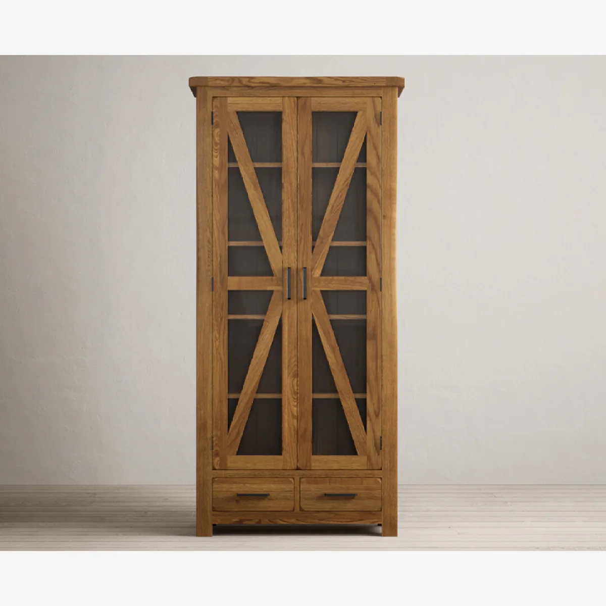 Country Rustic Solid Oak Glazed Display Cabinet