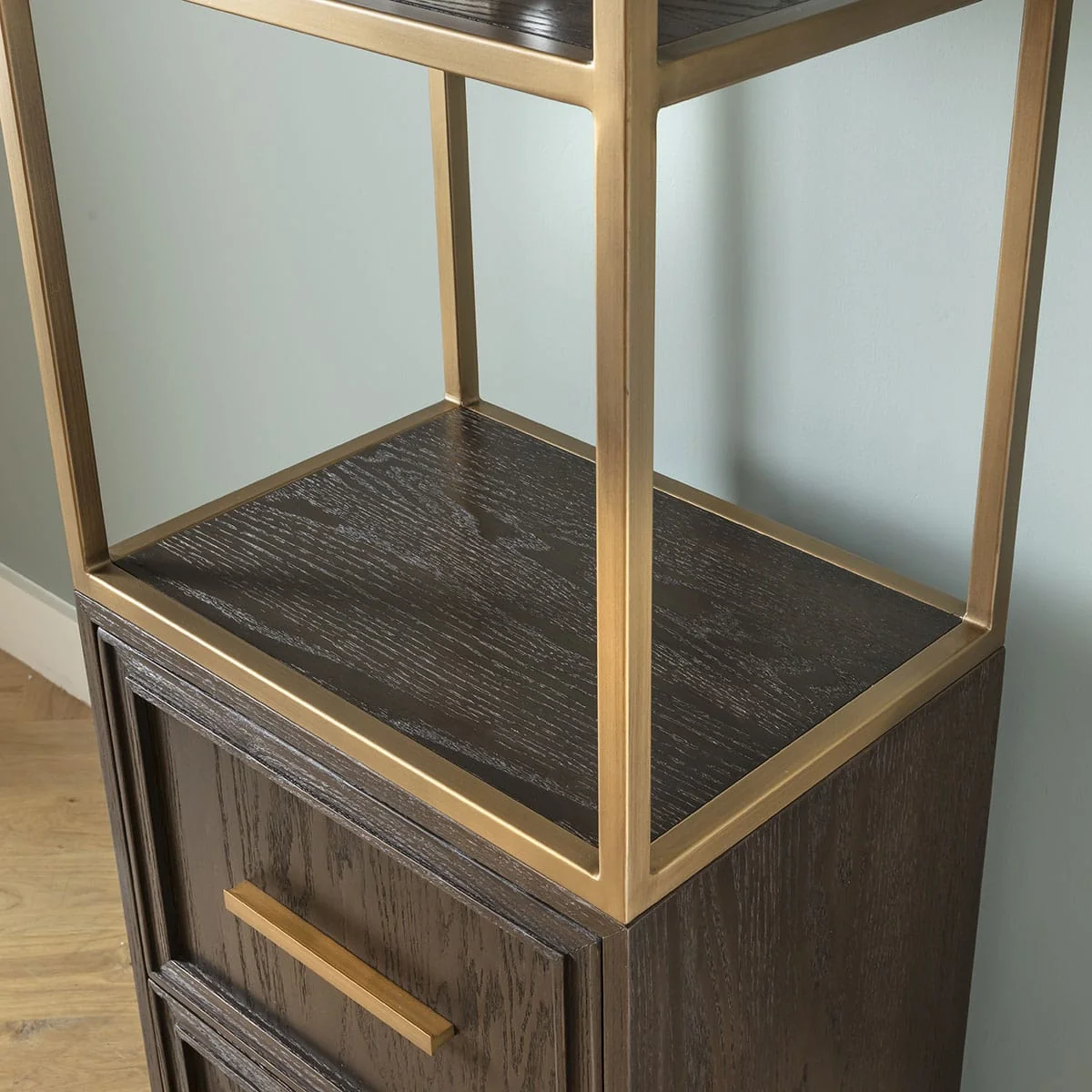 Tall Modern Bookshelf Display Unit Cabinet Brown Oak Brass 200cm – image 4